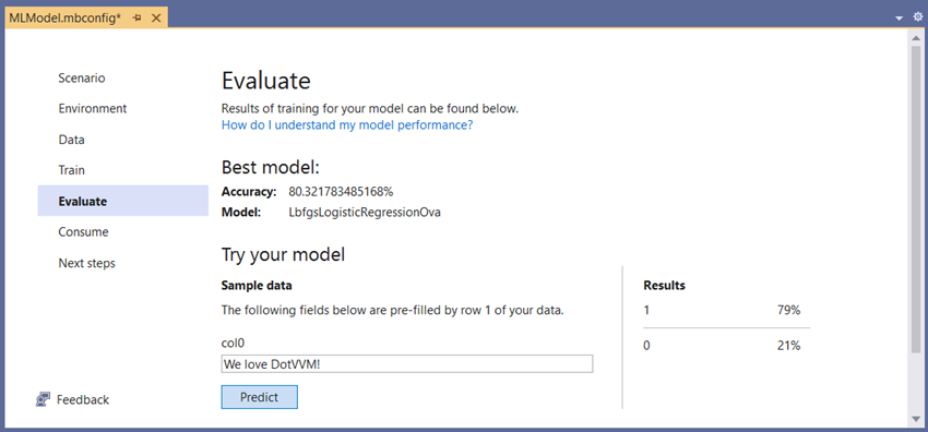 Sentiment analysis in an ASP.NET web application with ML.NET